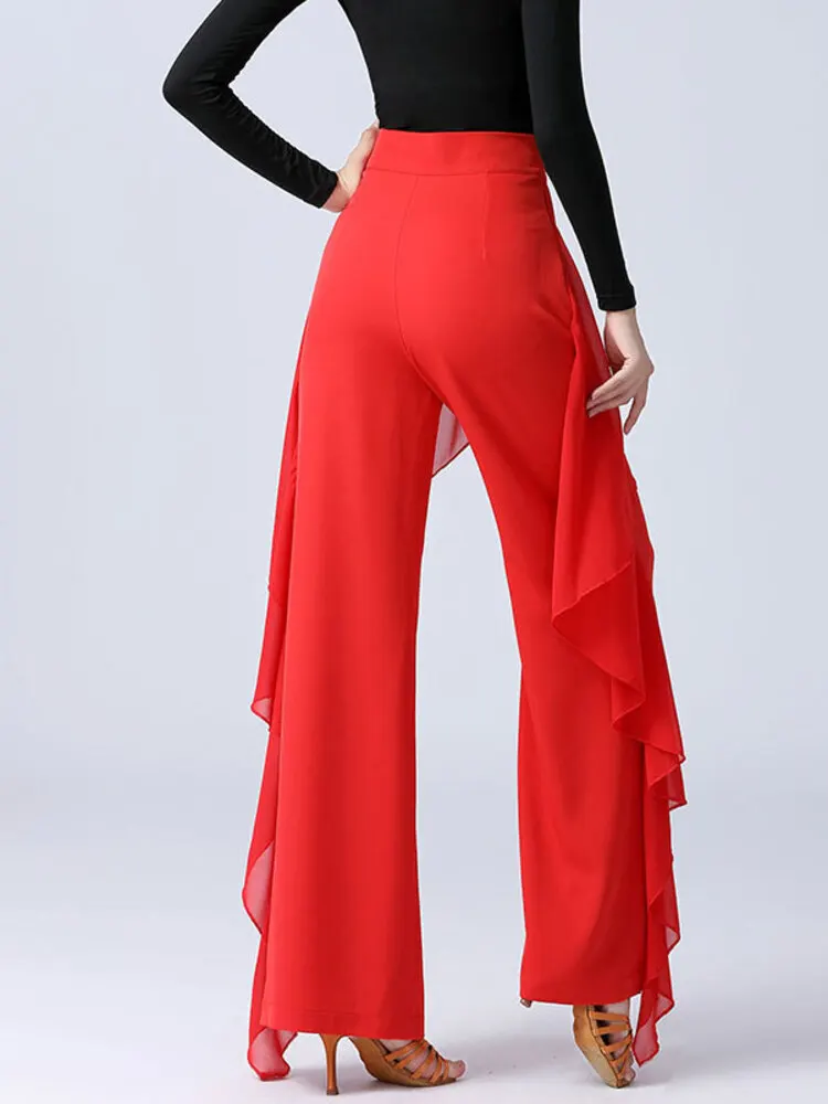 ソリッドカラー社交ワルツパンツダンスウェア高級クラシックハイウエスト競技ラテン女性フリル標準ジャズズボン