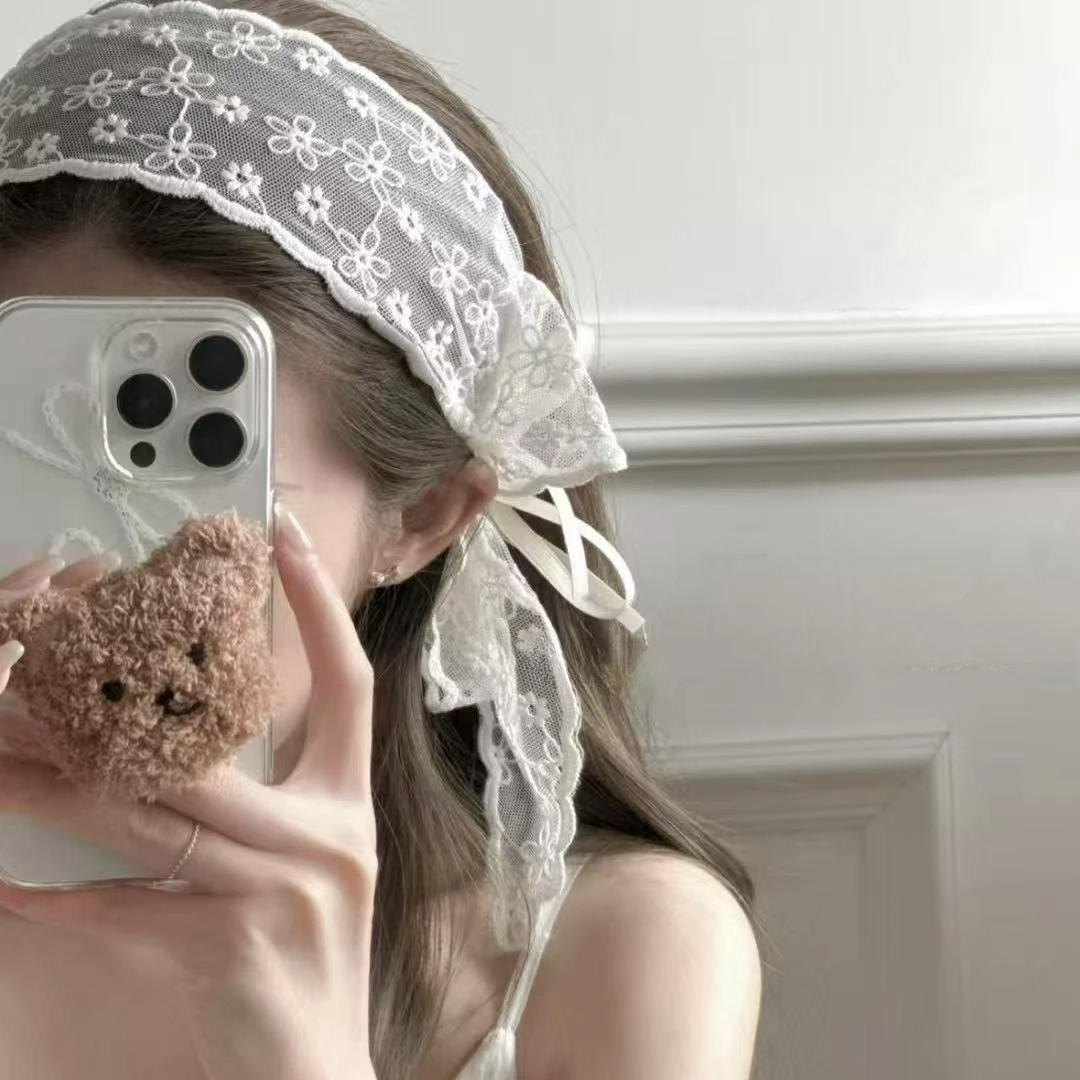 

French Mesh Bow Lace Wide Edge Headband Women's Pastoral Summer Ribbon Headgear Premium Hair Accessories