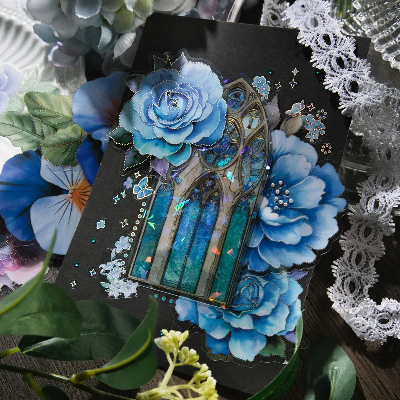 10pcs/pack Blue theme Flowers Stickers Decorative Adhesive Diy Creativity Scrapbooking hand made junk journal supplies