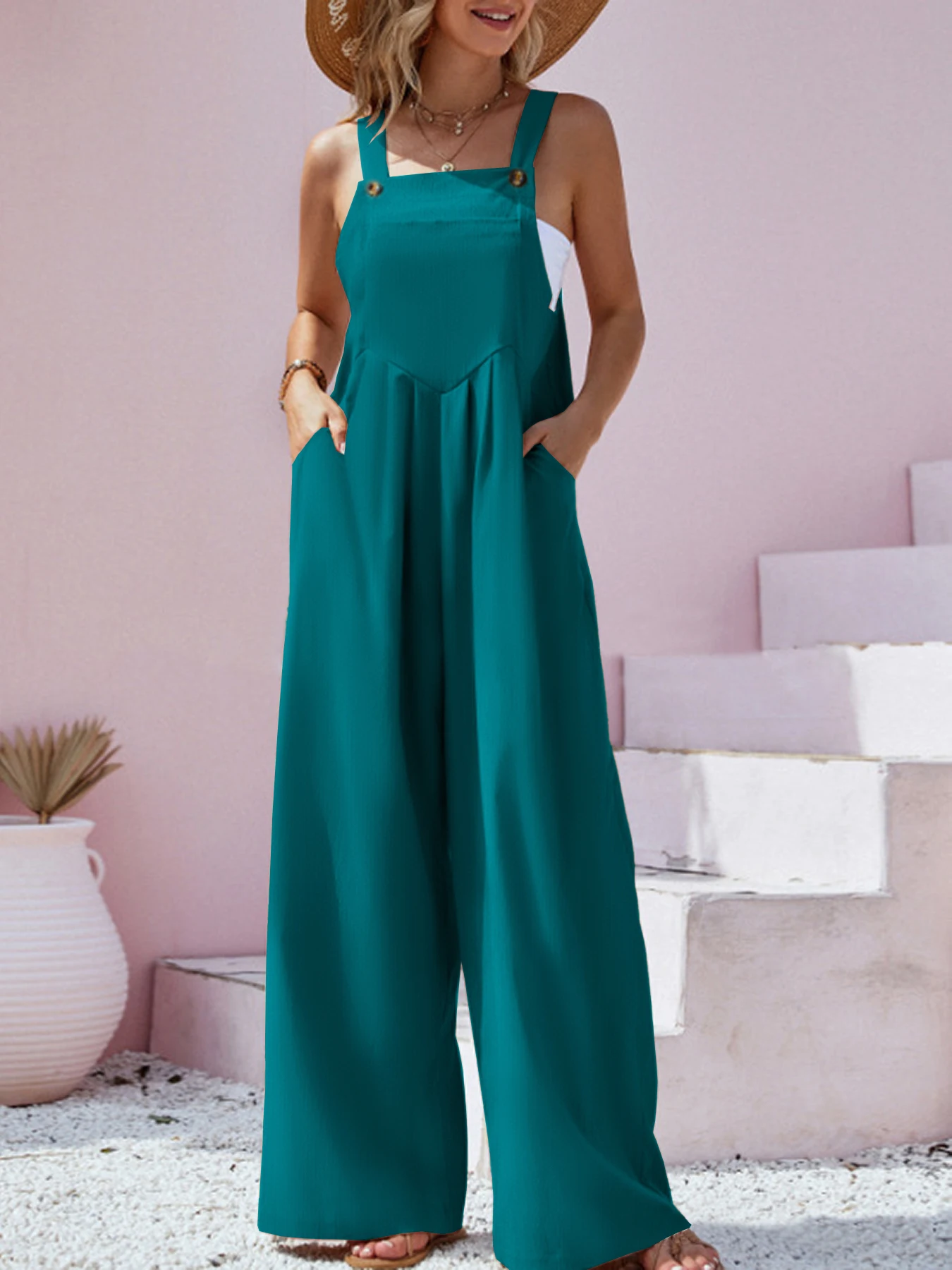 2023 Spring/Summer New Ethnic Style Fashion Solid Color Wide Leg Jumpsuit Quick Sale Tongfa European and American Women's Cross