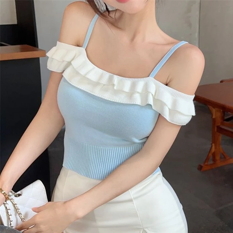 5 Colors T-shirts Women Hotsweet Slim Off Shoulder Summer Crop Tops Sexy Ruffles Fashion Streetwear Gentle All-match Basic Mujer