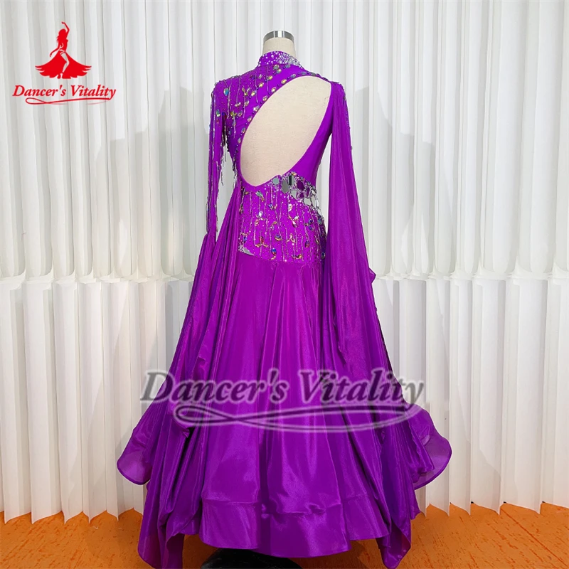 표준 볼룸 왈츠 퍼플 하이넥 진주 실크 의류 AB 스톤 고급 맞춤형 소셜 댄스 긴 소매 드레스