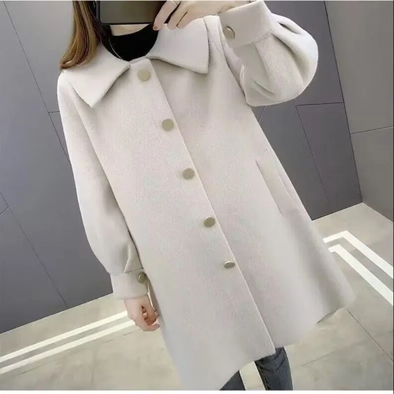 

Lady Long Sleeves Thicken Jacket Autumn Winter Women Fashion Medium Length Coat Korean Female Lmitation Double-sided Woolen Top