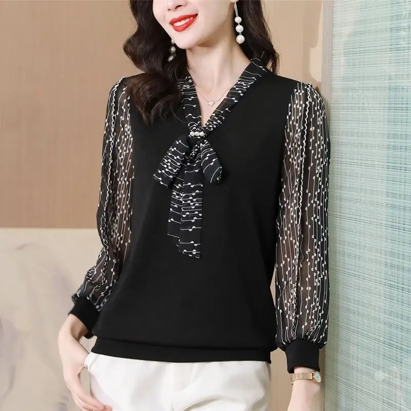 Women\'s Clothing Bow Print Knitted Patchwork Elegant Blouse Autumn Korean Fashion Office Lady Chic Shirt V Neck Long Sleeve Tops