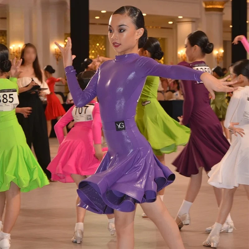 Latin Dance Training Costume High-end Bright Leather Suit Children's Performance Costume Competition Regulations Latin Dress