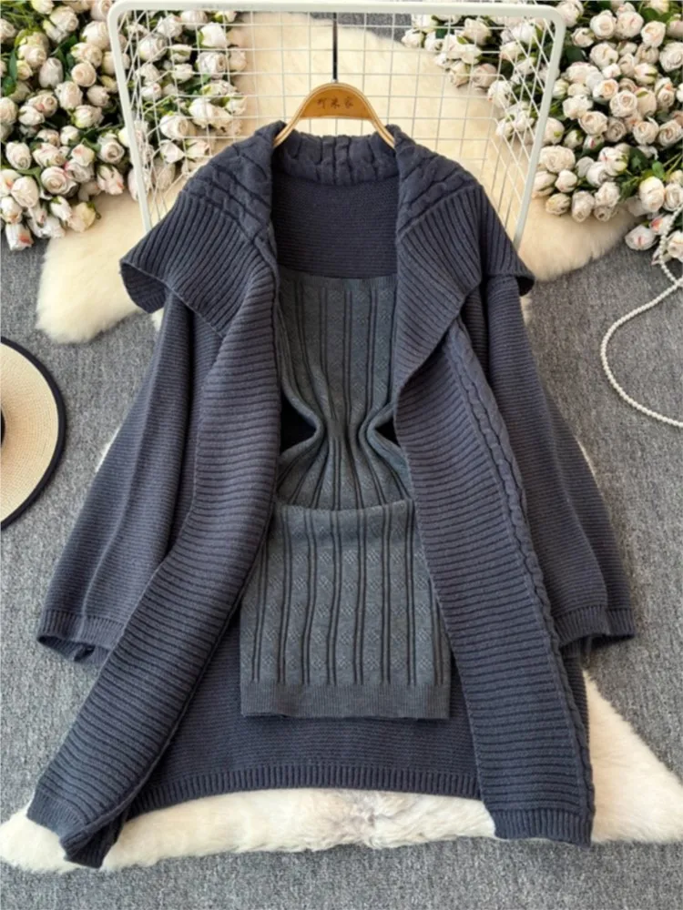 Korean Knitted Dresses Sets for Women 2 Pieces Loose Sweater Shawl Cardigan Coat + Spaghetti Strap Mini Dress Female Clothes