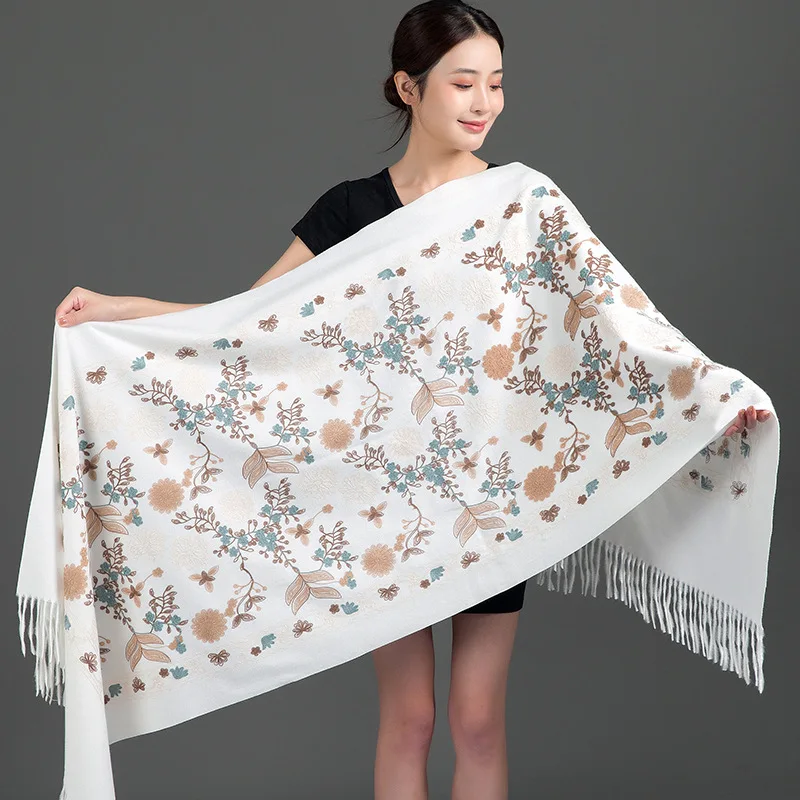 Luxury Floral Embroidered Pashmina Shawl Winter Women Warm Cashmere Scarf Fine Tassels Thicken Foulard Female Blanket Scarves