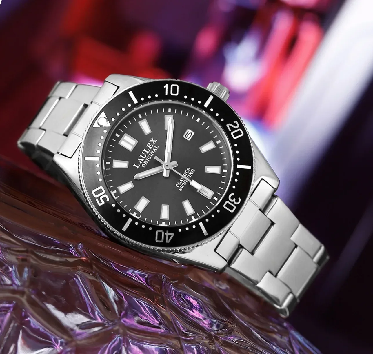 جديد LAULEX الفاخرة للرجال المسح التلقائي بالكامل المستوردة ساعة يد تعمل بالحركة الياقوت كريستال تاريخ Shouus مقاوم للماء ساعة كوارتز