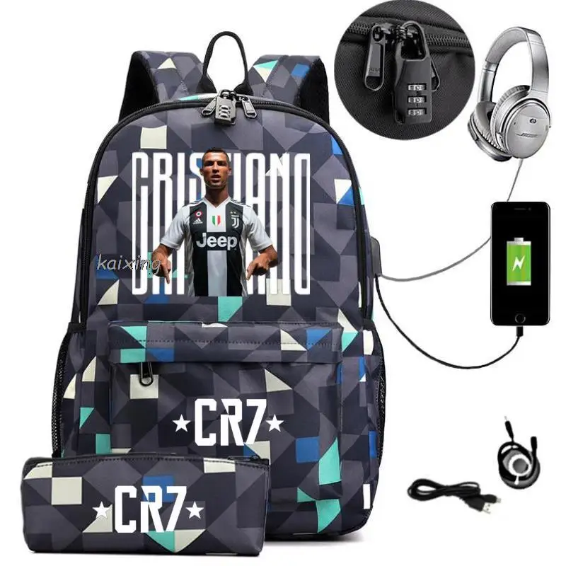 17 inch CR7 Backpack Anti Theft USB Charge Backpack Waterproof Women Men School Bag Teenage Girls Boys Travel Bags