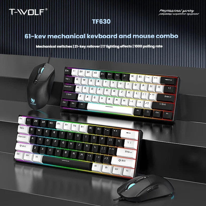 TF630 Mechanical Keyboard and Mouse Set - Red Axis, 61-Key Small Keyboard, 1000Hz Response Rate, Dual Color Scheme