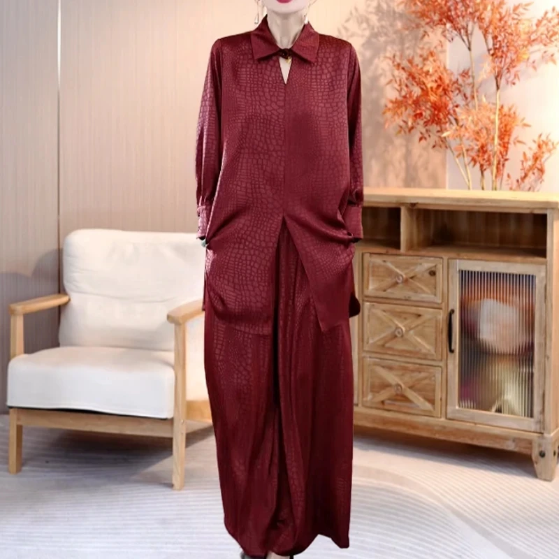 

High End Fashion Jacquard Women Sets Spring Autumn Long Sleeved Shirt Tops + Wide Leg Pants 2 Piece Suits Female Elegant 2PCS