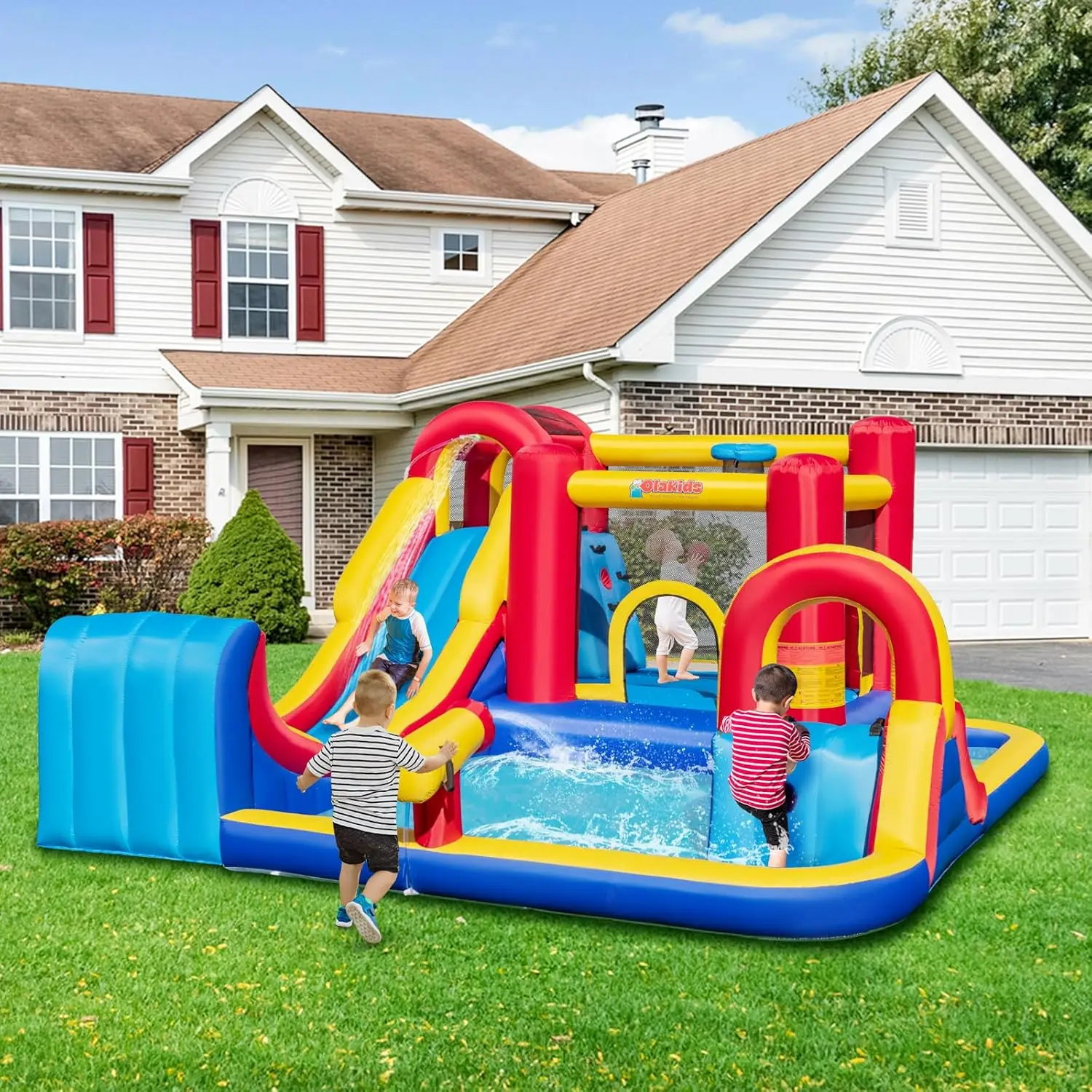 Inflatable Water Slide, 8 in 1 Bounce House Water Park with 2 Slides Splash Pools, Climbing Wall, Water Gun, Basketball Rim