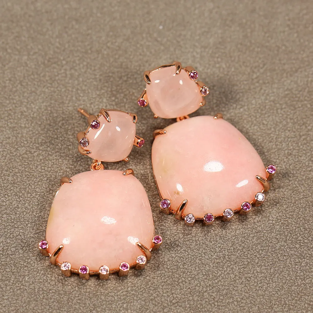 

Natural Rose Quartz Water Shape Dangle Studs Earrings CZ Beads Wedding Earrings