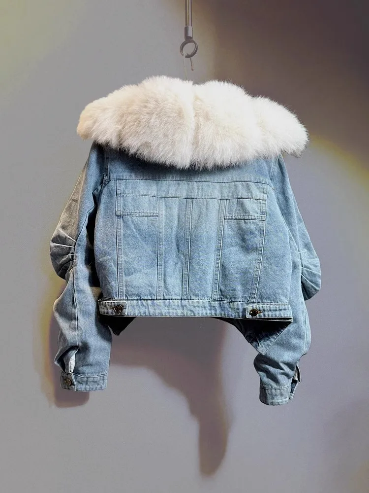 Real Fox Fur Parkas Spliced Down lining Thickened Large Fur Collar Denim Fur Coats for Women Warm Female Outwear Y4731