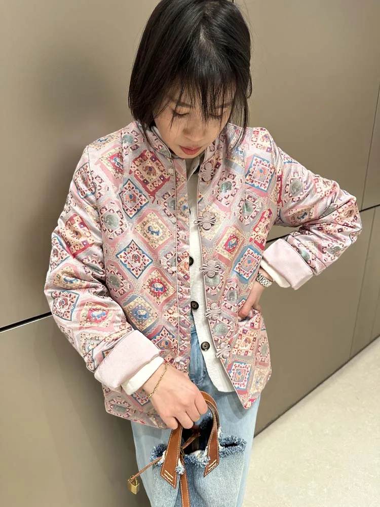 

Женский традиционный китайский костюм Тан из смесового шелка и хлопка с воротником-стойкой, вышивкой и застежкой на пуговицы