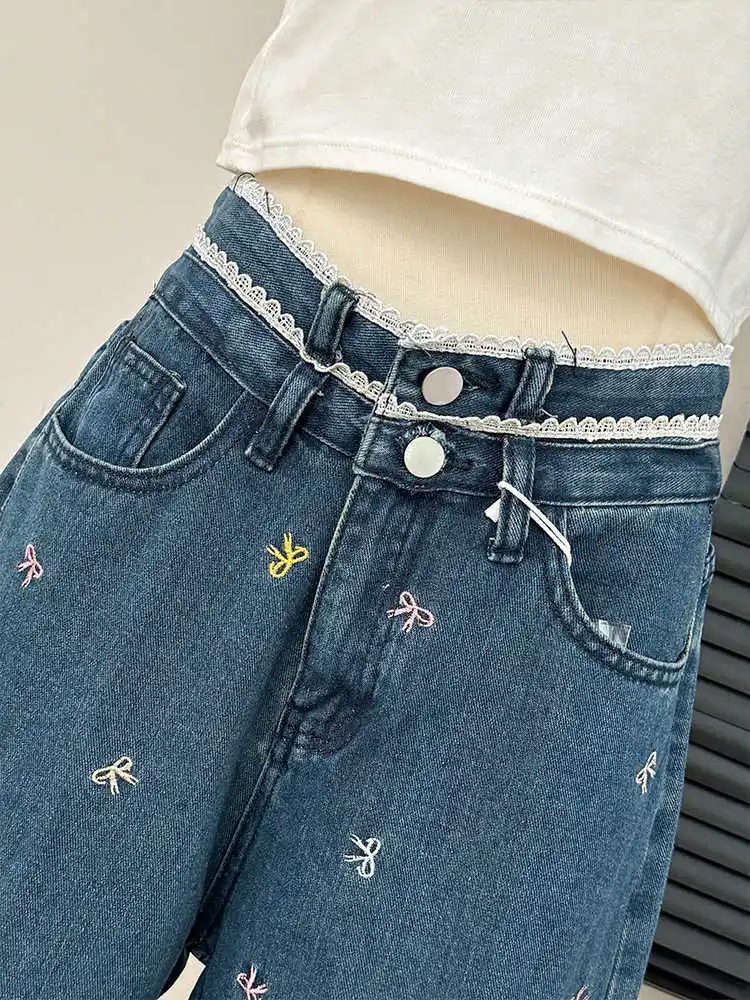 Sweet Bow Embroidery Wide Leg Jeans Women Autumn New Lace Splice High Waist Denim Trousers Fashionable Lady Pants