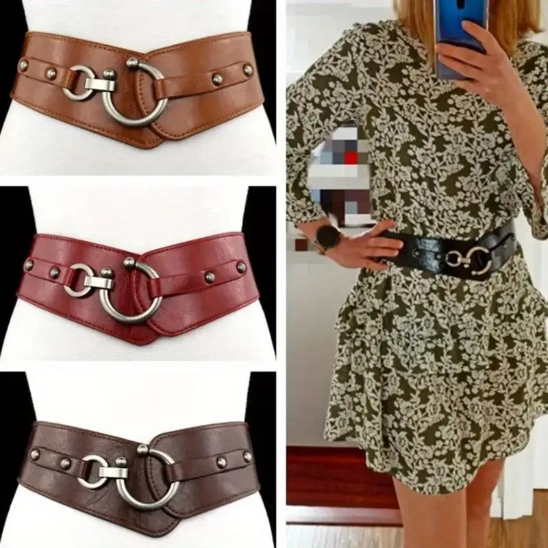 1PC Fashion Elastic Wide Belt Strap Vintage Women Faux Leather Buckle Solid Color Waistband
