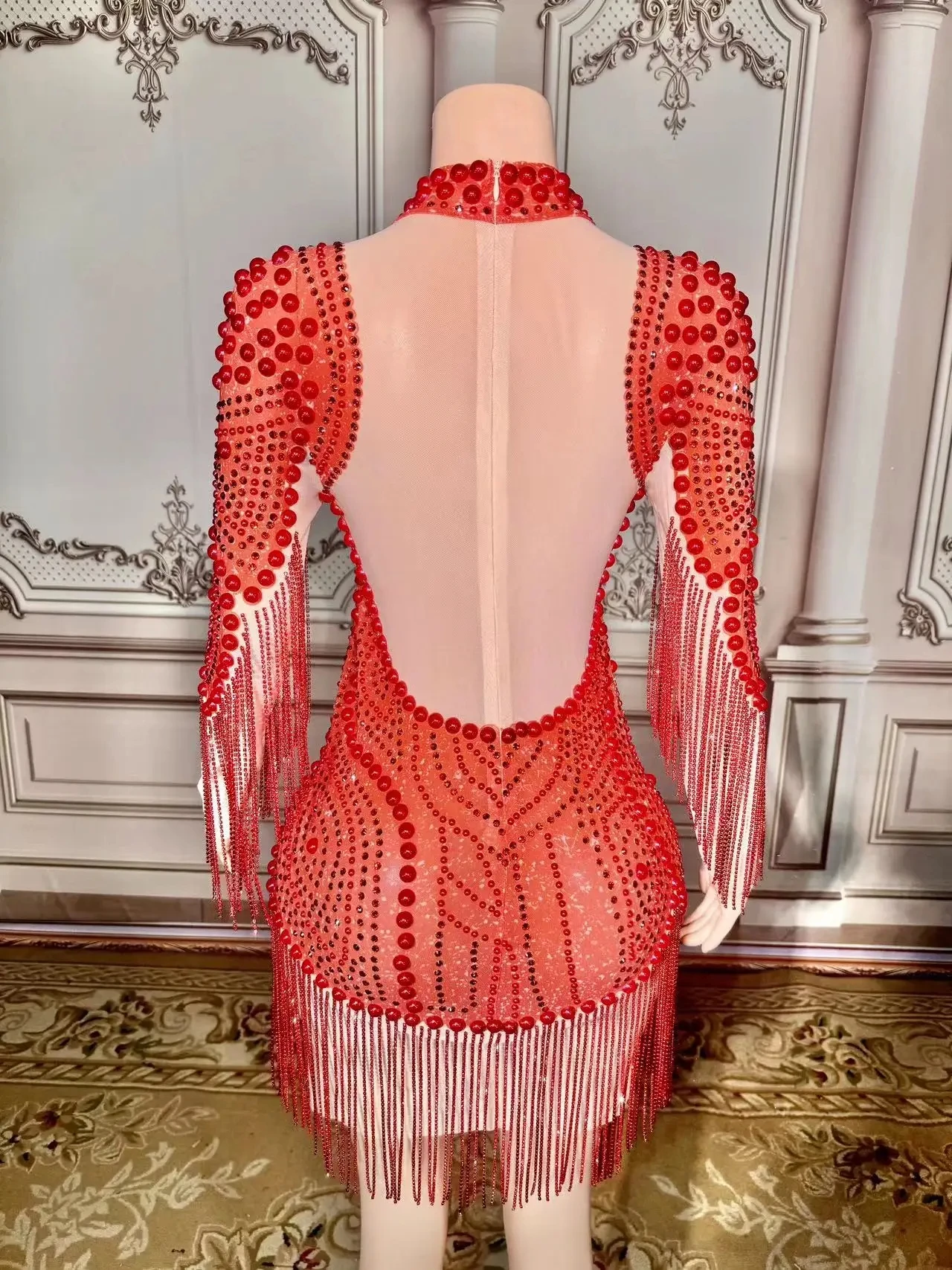 Sexy Women New Skinny See Through Nightclub Party Dance Diamonds Crystal Red Peals Floral Tassels Dress