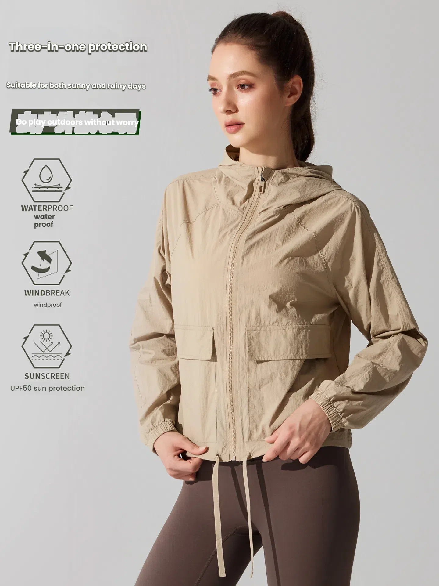 

Женская уличная ветрозащитная куртка, легкое солнцезащитное пальто с капюшоном, модная повседневная спортивная одежда для йоги, топы, свободная походная куртка
