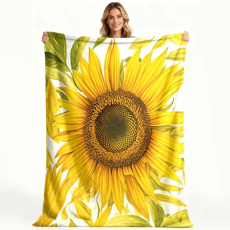 Bright Yellow Floral Blanket Large Bloom Leaf Print Soft Warm Blanket Botanical Style For Bedroom Sofa Elegant Home Decor