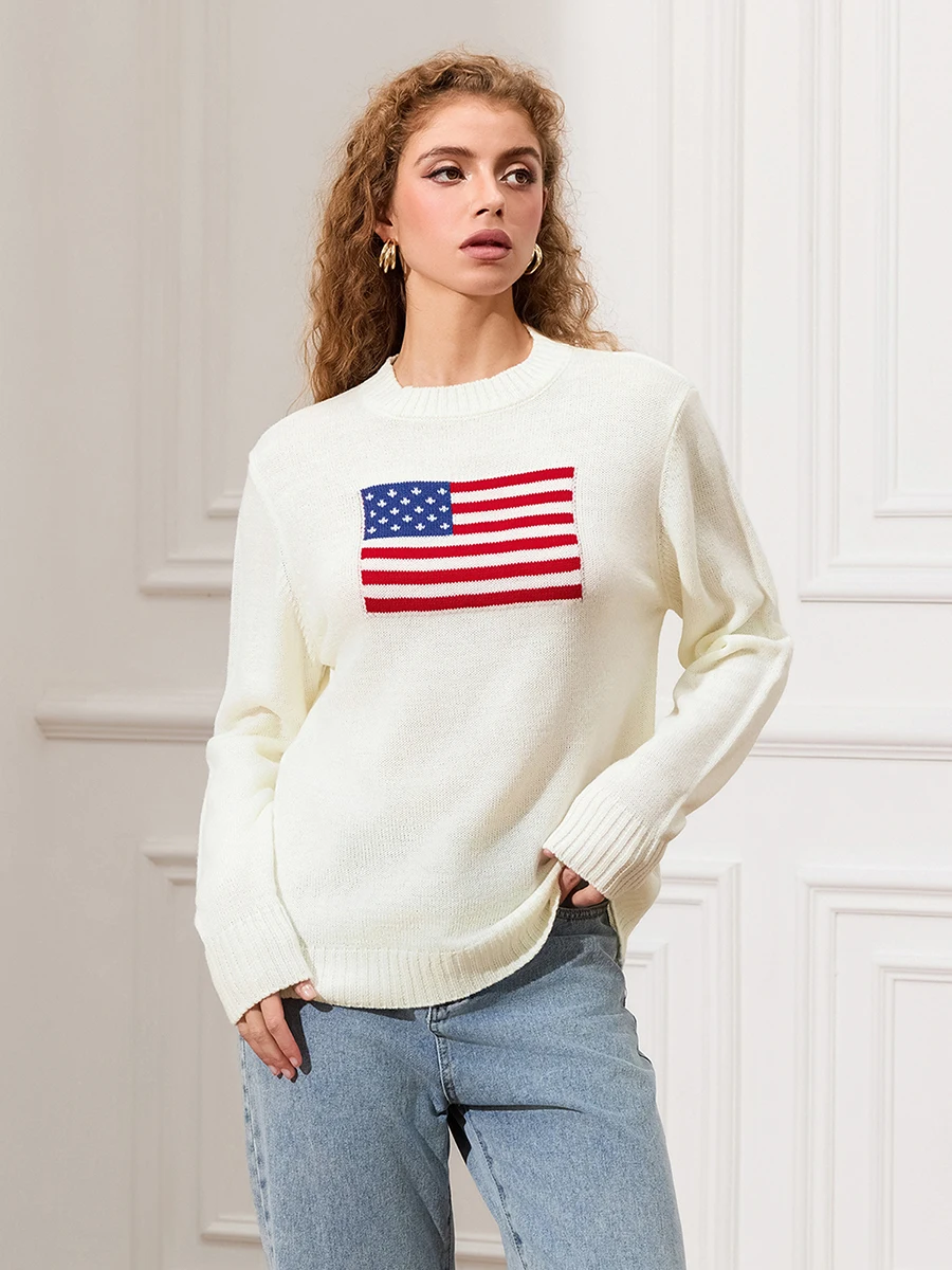 Damski sweter w stylu vintage modny wzór sweter z długim rękawem wycięcie pod szyją Casual sweter z dzianiny bluza w stylu Preppy Streetwear