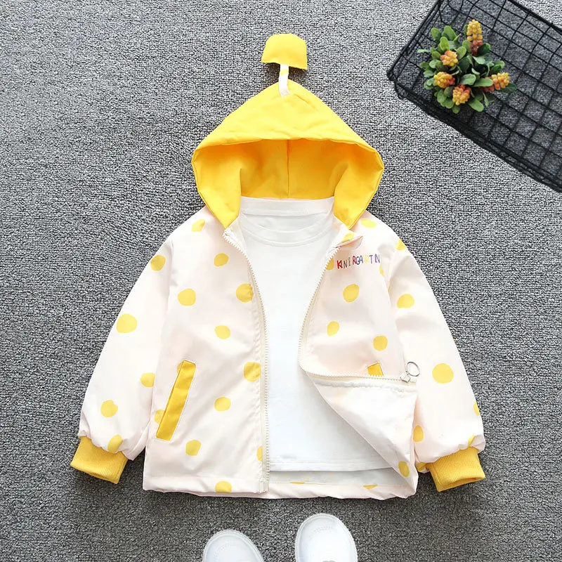 Spring Autumn Girls Coat Cartoon Sunflower Pattern Full Print Dots Cute Hooded Windbreaker For Kids Children Birthday Present