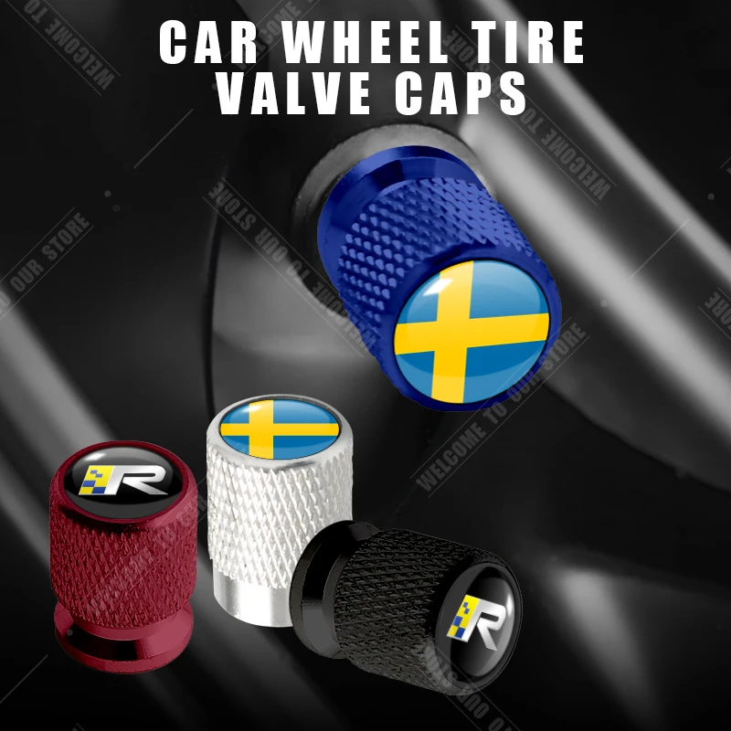 Samochodowy CNC Aluminum R Design Emblemat flagi Szwecji do Volvo XC40 V90 S60 S80 S90 XC60 XC90 4szt Zawór opony Osłona trzpienia portu powietrza