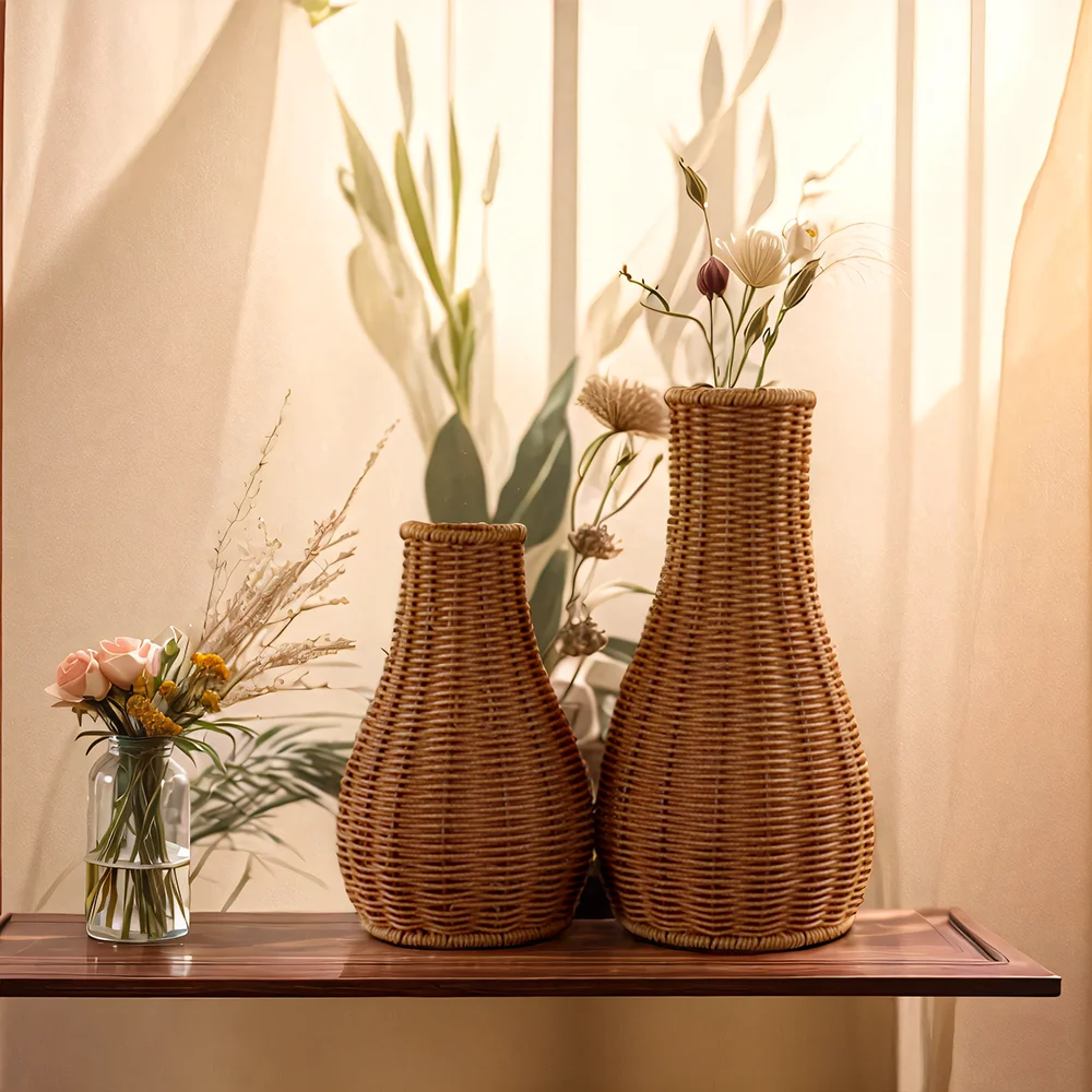 Rustic Hand-Woven Vintage Imitation Rattan Decorative Striped Plastic Horn-Shaped Flower Vase for Indoor and Balcony - No Electr