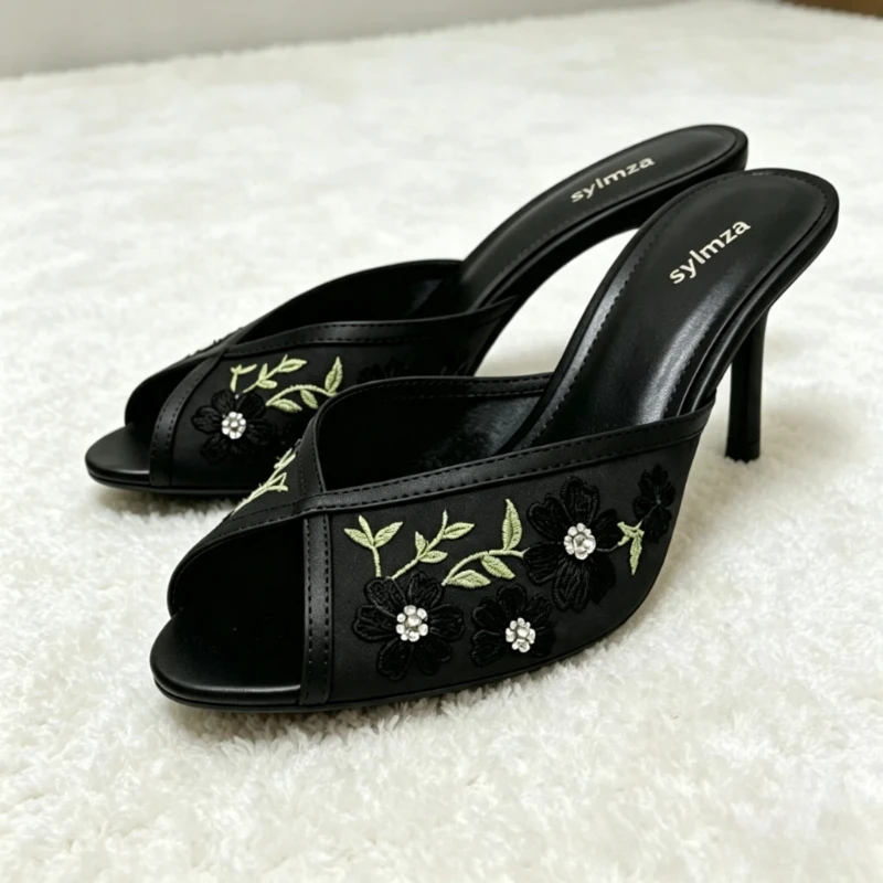Elegant Mesh Embroider String Bead Detail Peep-Toe Sandals Women Sexy Summer Stiletto Slide Sandals Luxury Party Designer Shoes