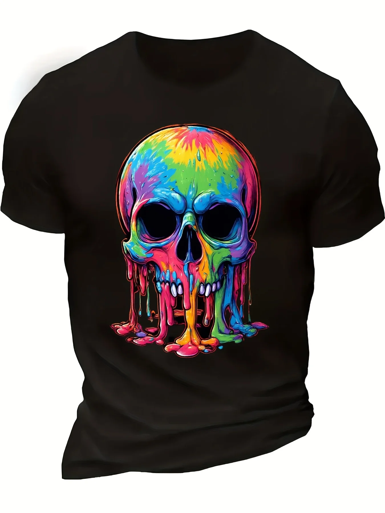 Psychedelic Melted Skull Print T-Shirt, Casual Crew Neck Short Sleeve T-Shirt, Comfortable  Retro Casual Crew Neck Print Short Sleeve T-Shirt, Suitable for Daily Commuting and Outdoor Activities, Machine Washable