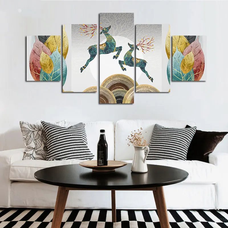 5 Pieces Wall Art Canvas Animal Poster Leaping Deer Decor Painting For Living Room Wallpaper Bedroom Modular Home Decoration