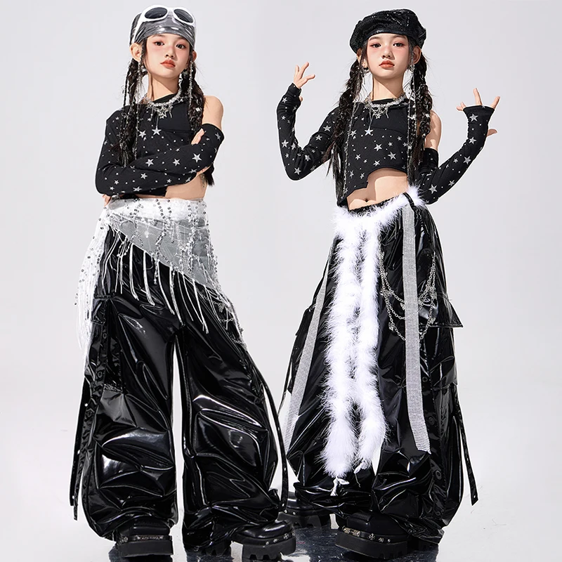 

Girls Jazz Outfit Kpop Dance Performance Costume Model Runway Show Clothes Black Crop Top Glossy Pants Fashion Streetwear 3063