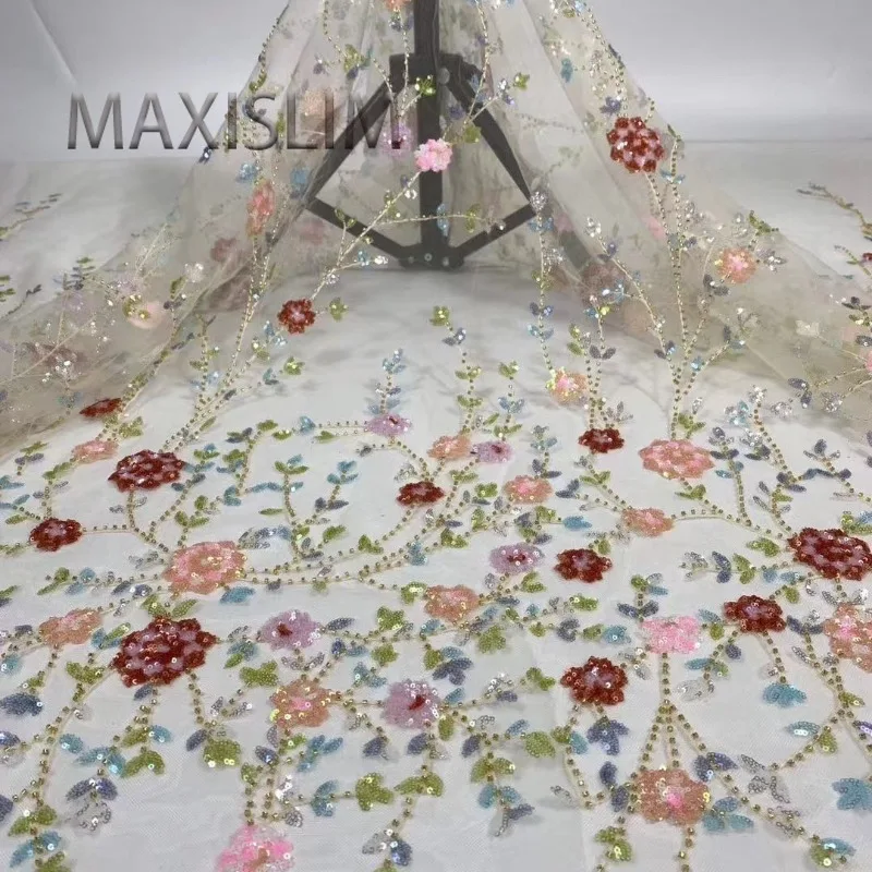 New Fairy Style Bead Embroidery+Colorful Sequin Embroidery Evening Dress Stage Performance Costume Fabric Width 125cm