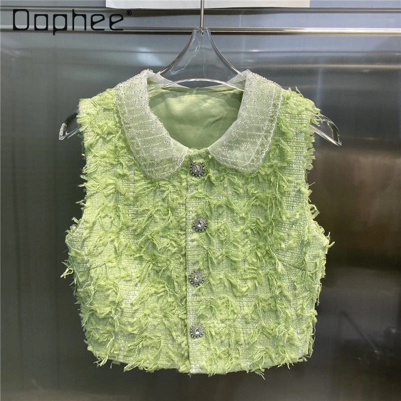 

French Temperament Socialite Tweed Vest Top Office Lady Three-dimensional Fringed Jacquard Single-breasted Sleeveless Top Women