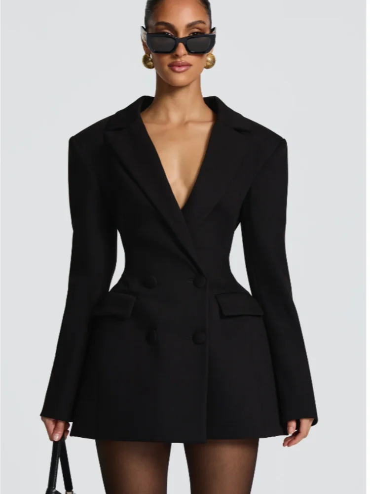 

Office Street Gown Lady Solid Waist Cinching Blazer Dress Fashion Full Sleeve Lapel V-neck Double Breasted Slim Vestidos