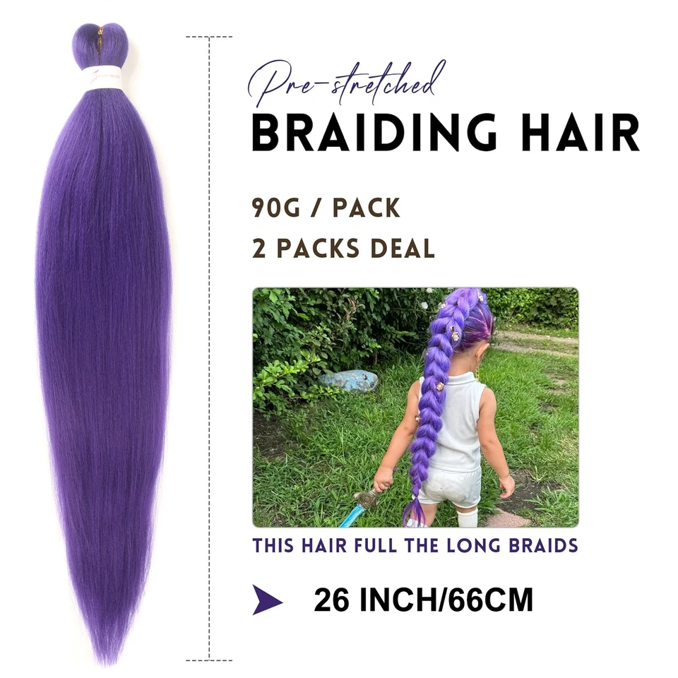 Cabello morado largo para trenzas 2 paquetes sintético extensiones para trenzas suave Yaki preestirado para cosplay 2