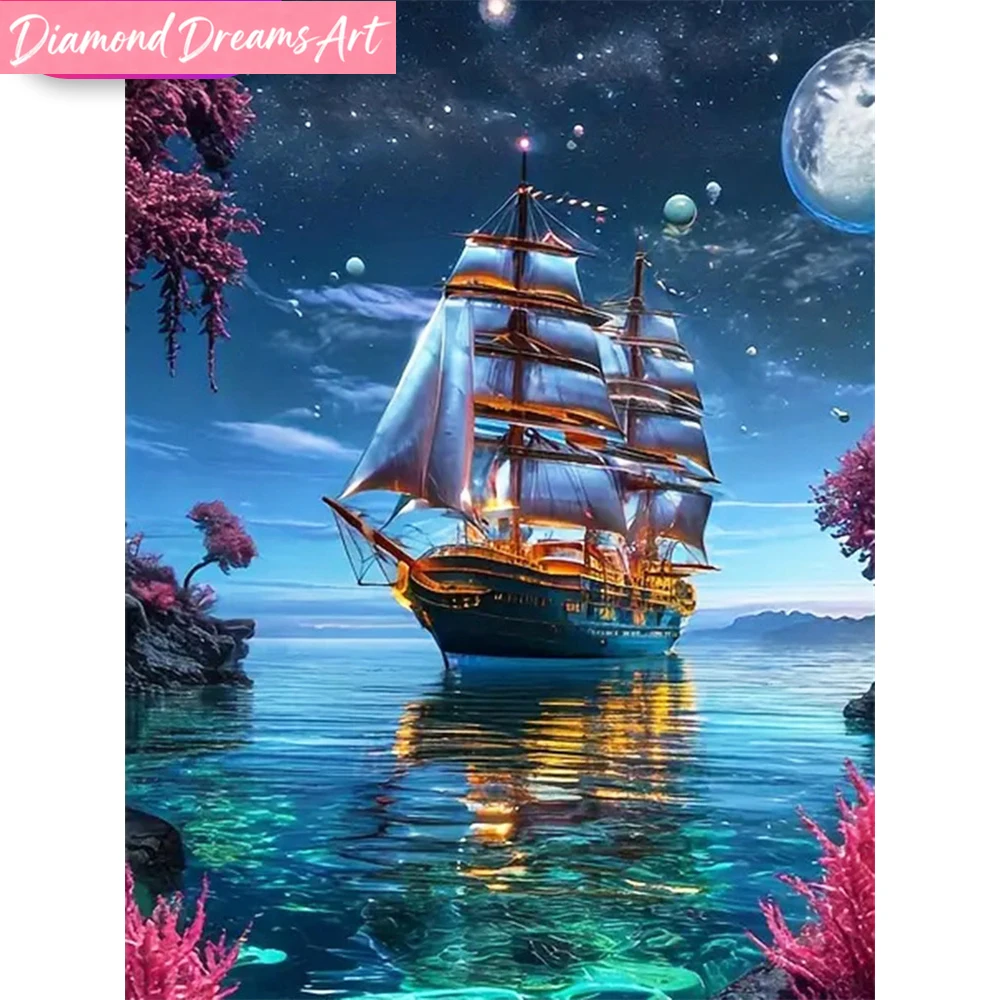 

Frameless, 5D DIY Diamond Mosaic Ship Landscape Cross Stitch Kits Art Diamond Painting Picture Rhinestones Embroidery Home Decor