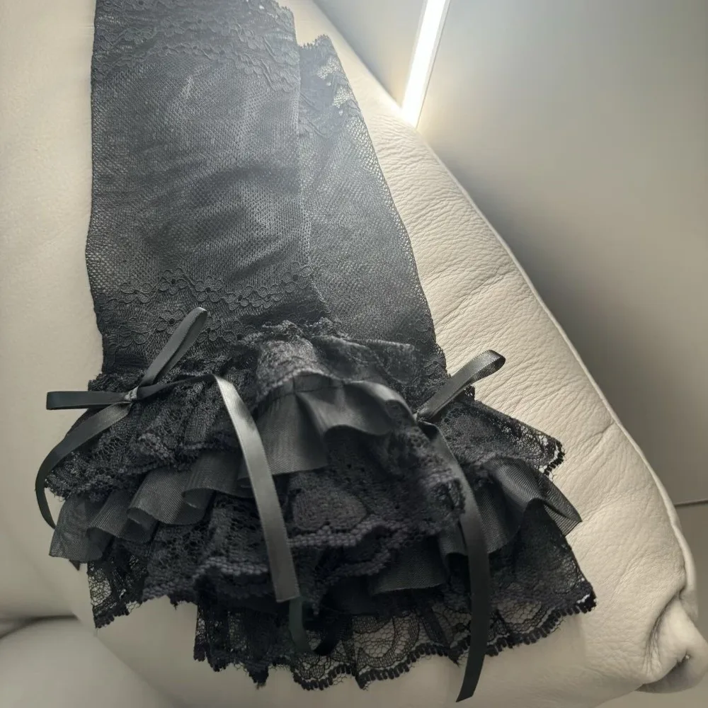 Vintage Ruffled Mesh Gloves Lace Cuff Sheer See-Through Fingerless Gloves Bowknot Lightweight Lolita Gloves Prom