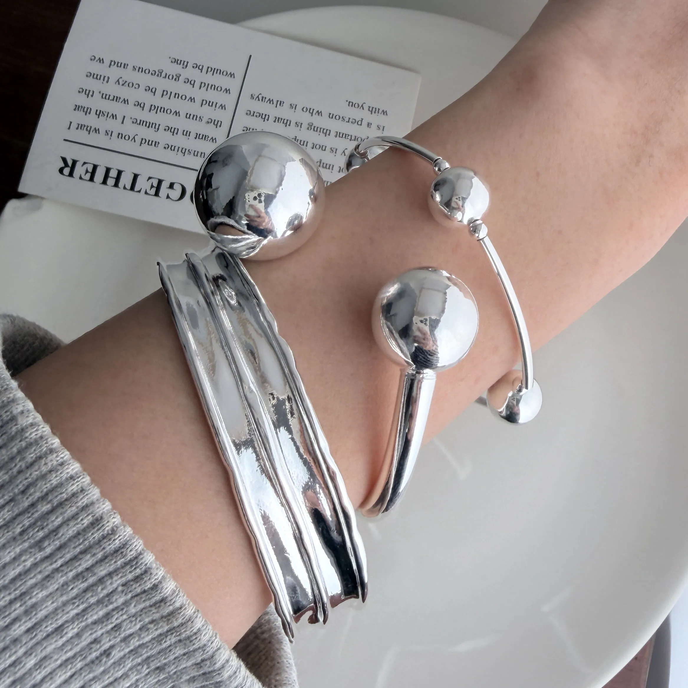 100% Solid 925 Sterling Silver Metal Bracelet for Women Vintage Handmade Simple Big Ball Bracelet Birthday Gift Party