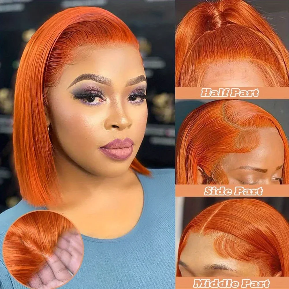 

13x4 Lace Front Human Hair Wigs For Women 4x4 Lace Wig Pre Plucked 180% Density Brazilian Ginger Orange Short Straight Bob Wig