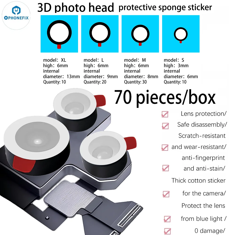

WYLIE 3D Photo Head Protective Sponge Sticker 70pcs/bag Diameter 6mm 8mm 9mm 13mm Protection Stickers for Mobile Phone Repair