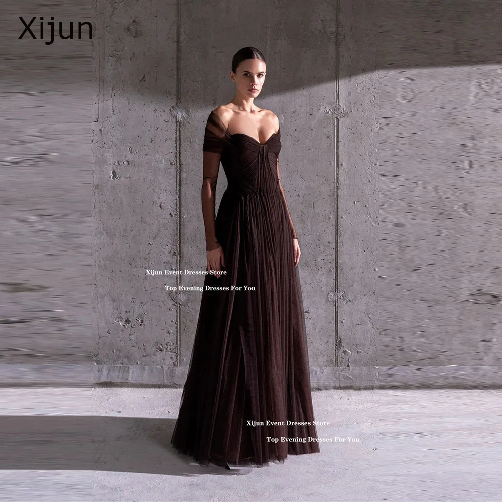

Xijun Elegant Brown Long Evening Dresses Off The Shoulder Sweetheart A-Line Formal Prom Dresses Pleated Dubai Prom Gowns Customi