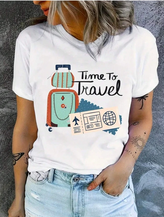 

Women's New Trend Travel Graphic Print T-Shirt Leisure Fashion Short Sleeve Cotton T-shirt Summer Brand Streetwear Top Y2k+