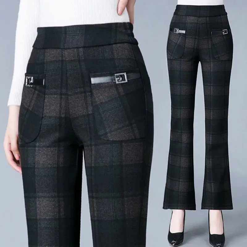 Vintage Autumn Winter Flare Pants New Women Pocket Striped Plaid Elastic High Waist Fashion Versatile Slim Plus Velvet Trousers