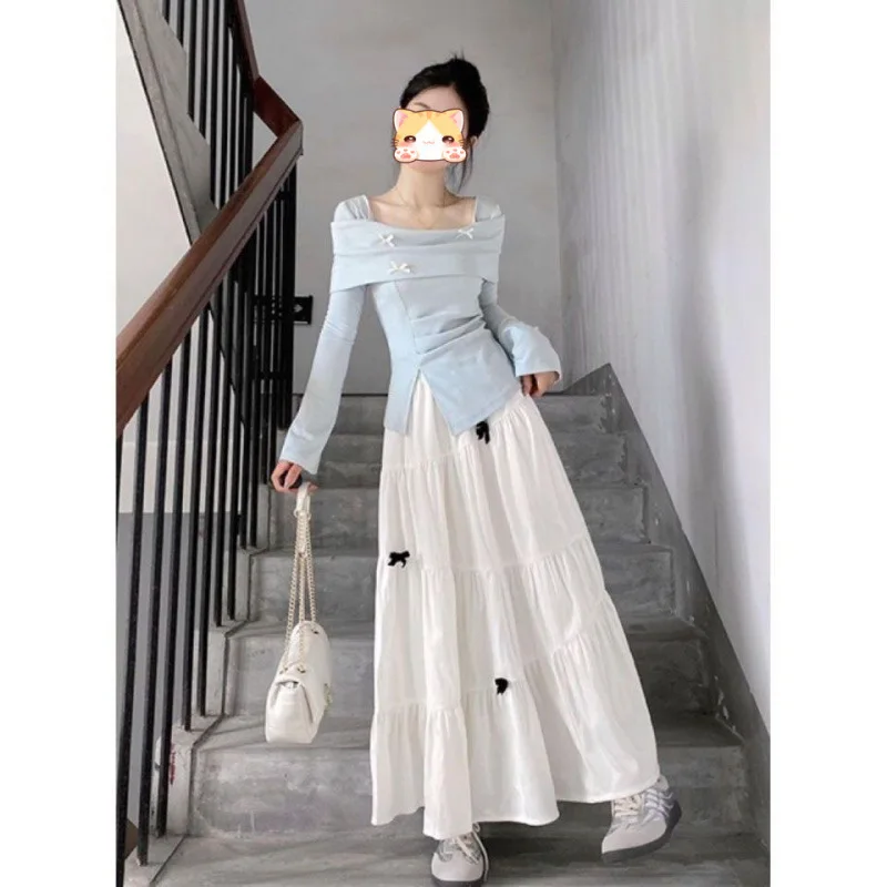 

French Gentle Style Butterfly Knot Design Long Sleeve Split High Waist Slim Fit Midi Skirt And Top Set for Women Autumn Blue