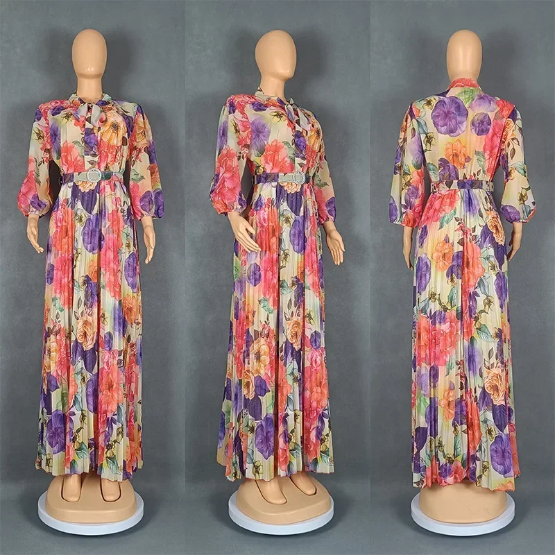 Print Chiffon Maxi Dress African Dresses For Women Elegant Puff Sleeve High Waist Dress Africa Clothing Vestidos Robe Party