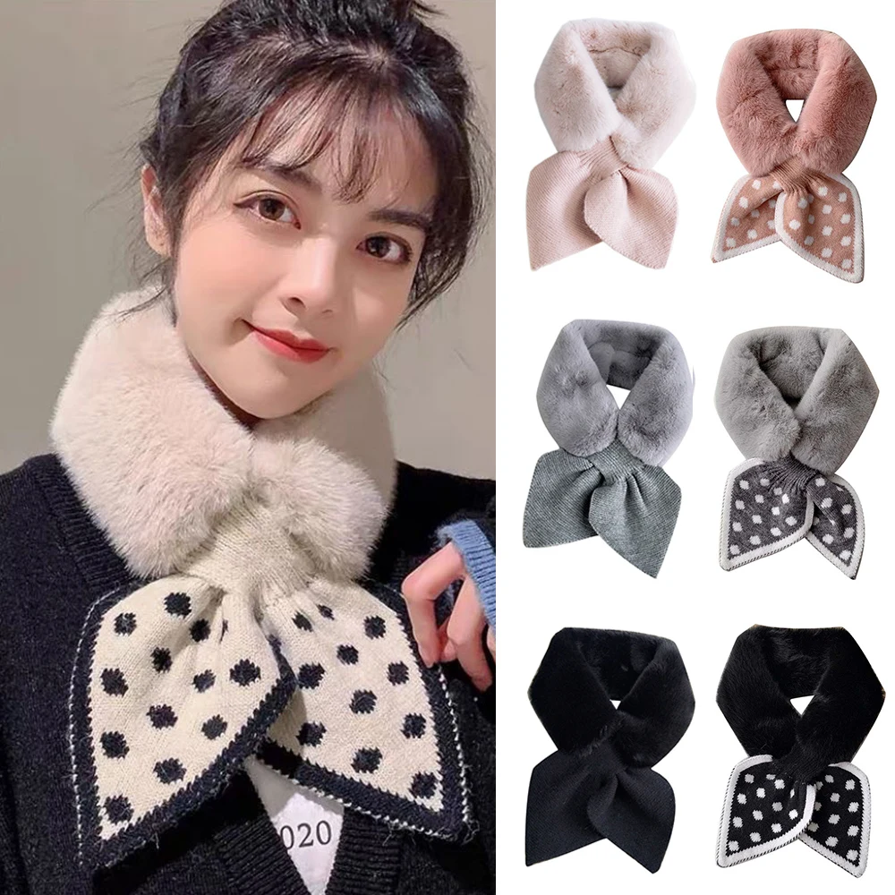 2023 Korean Winter Faux Rabbit Fur Scarf Women Soft Plush Women\'s Scarf Winter Knitted Neck Collar Neck Warmer Shawl Cross Scarf