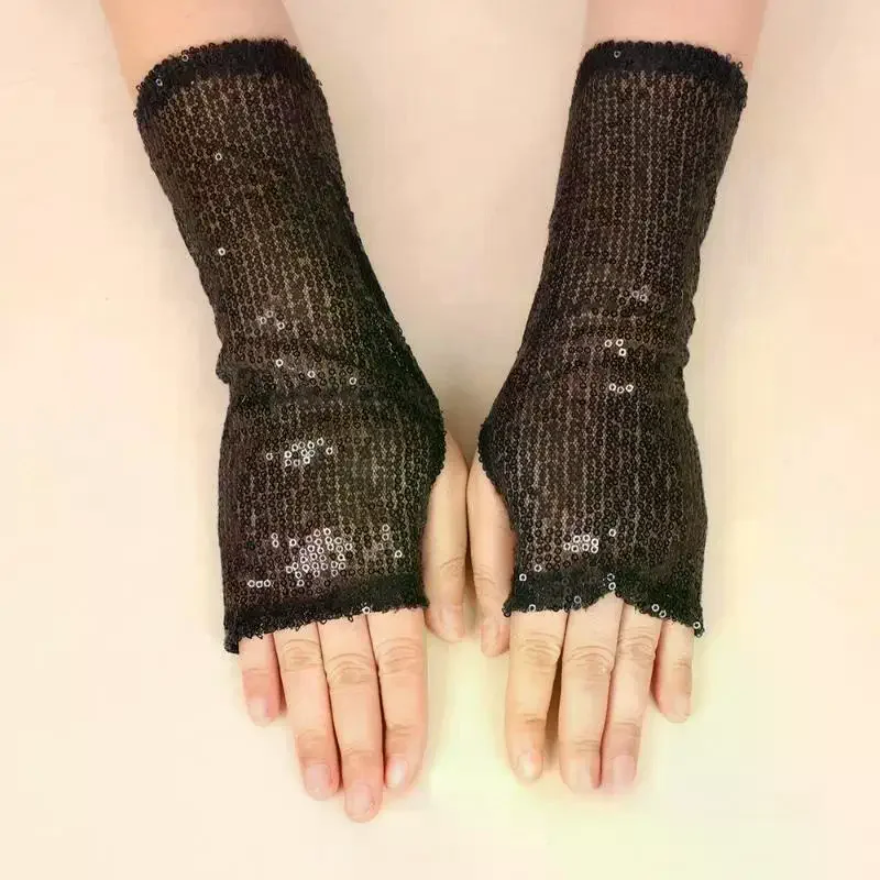 Gothic Punk Shiny Sequins Gloves 1 Pair Black Gold Decor for Dancing Raves Halloween Cosplay Costume Evening Party