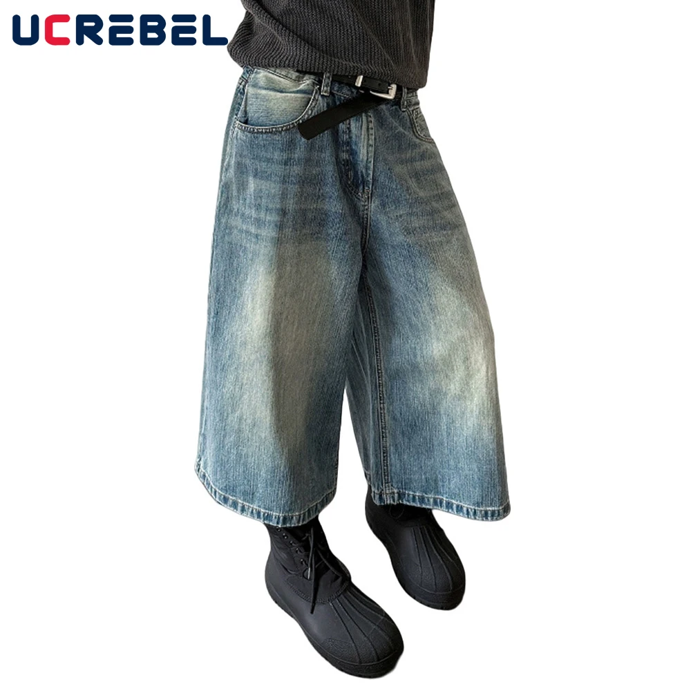 

Bamboo Pattern Denim Shorts Mens Retro High Street Loose Wide Leg Pocket Short Jeans Men