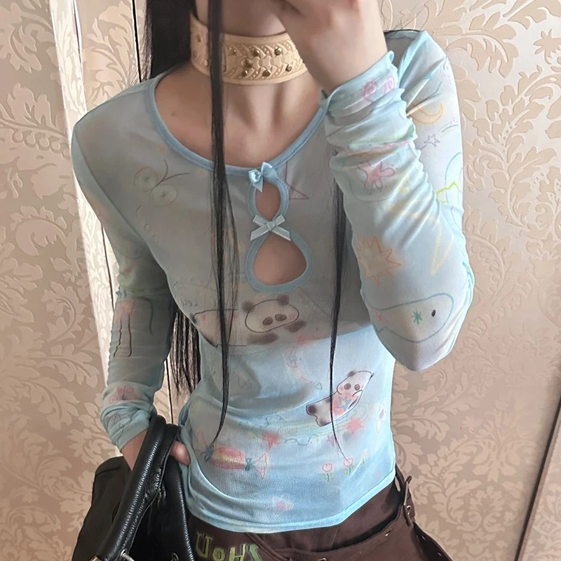 Y2k Light Blue Mesh Tops Female Summer Cute Panda Print Long Sleeve T Shirt Hollow Out Slimming Long Sleeve Base Shirt camisetas